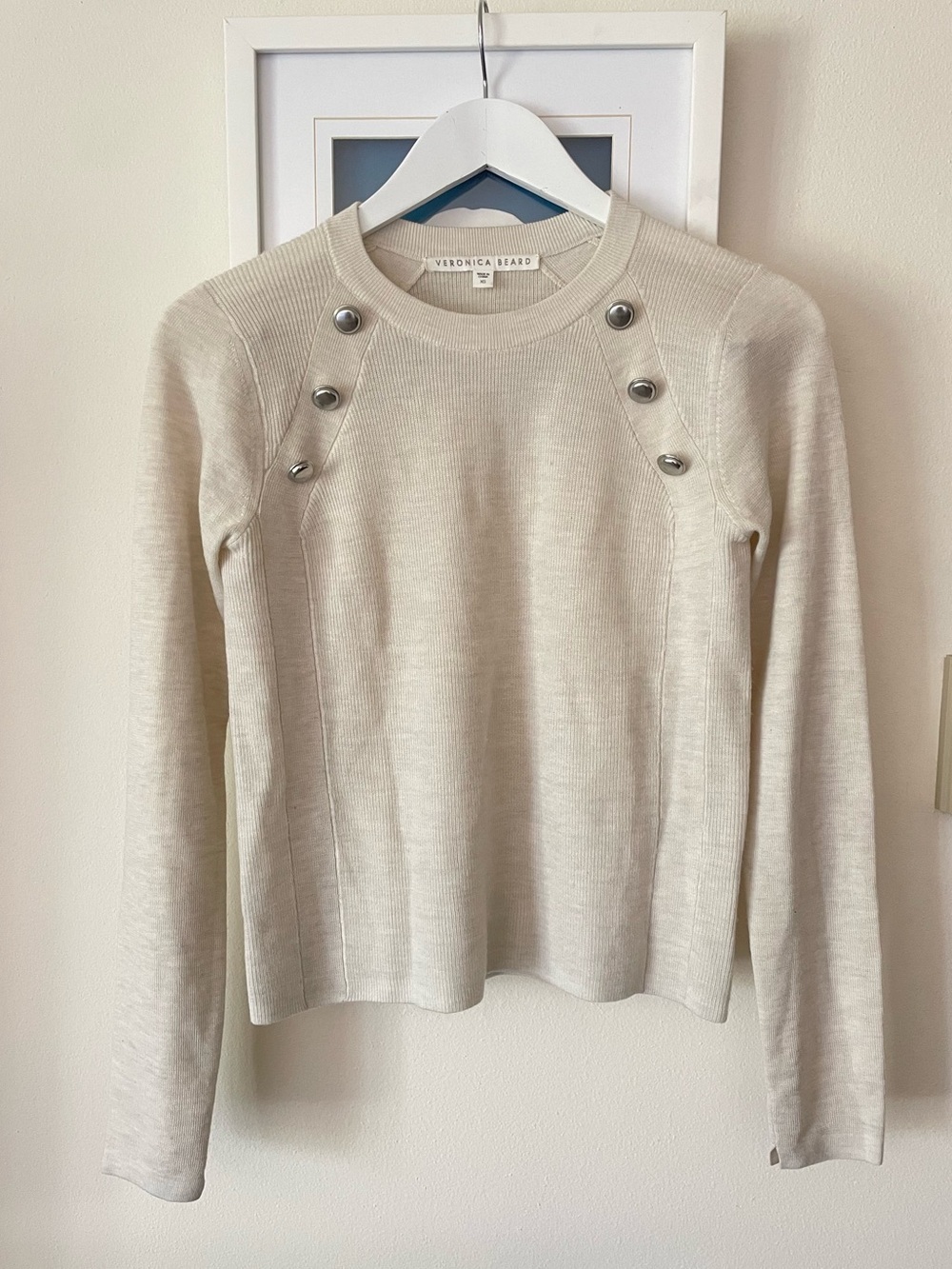 Veronica Beard Pearson Merino Cream  Crewneck Sweater Button Accents Size XS